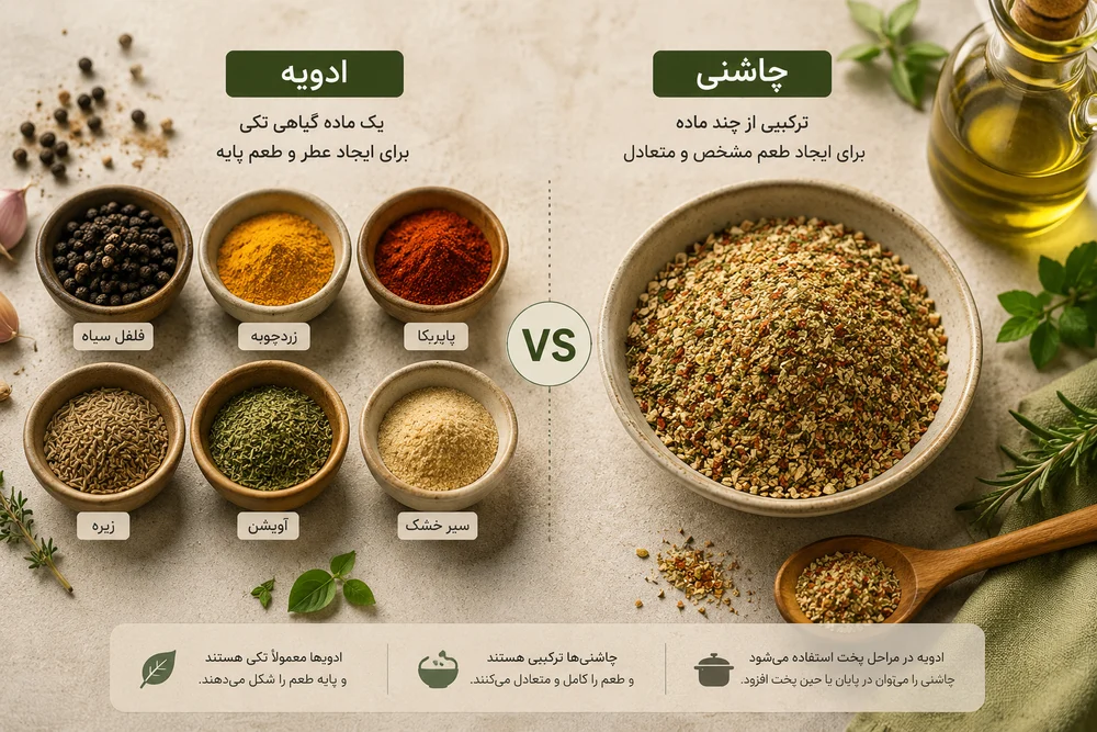تفاوت چاشنی و ادویه چیست؟ راهنمای کامل انتخاب چاشنی و ادویه